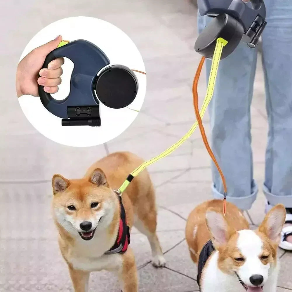 Dual Pet Leash – Retractable Reflective Lead with 360° Swivel for Double Dog Walking
